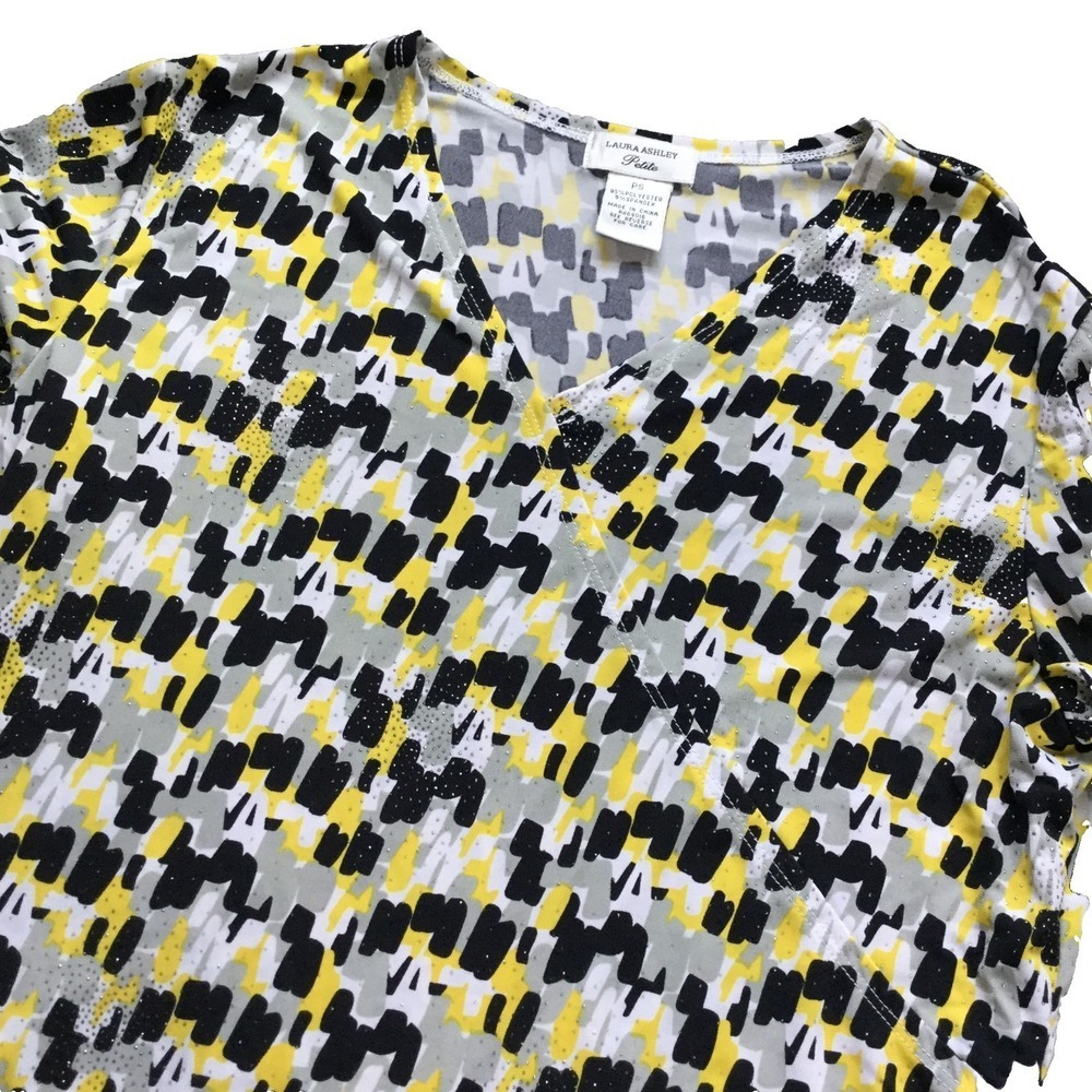 Laura Ashley Top Women PS Petite Yellow Black Abstract Glitter 3/4 Sleeve V-Neck
